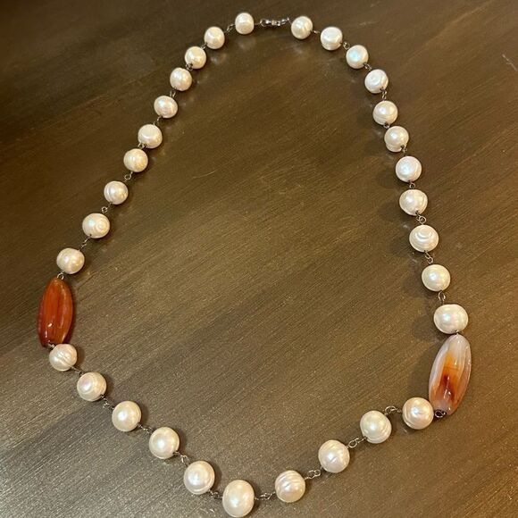 Vintage Freshwater Genuine Pearls & Carnelian Agate Stone Necklace 24” - Picture 2 of 7